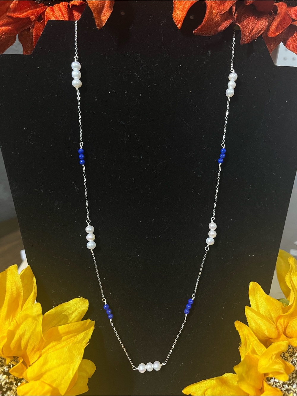 Silver Chain Necklace with White Pearls and Blue Beads